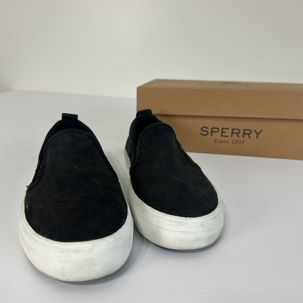 Sperry Crest Twin Gore Leather Sneakers Womens 6.5 Black White Slip On STS88660